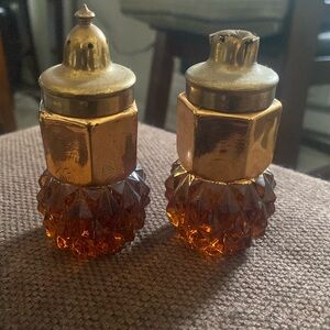 Amber Diamond Point Heavy Glass Salt & Pepper Shakers Vintage